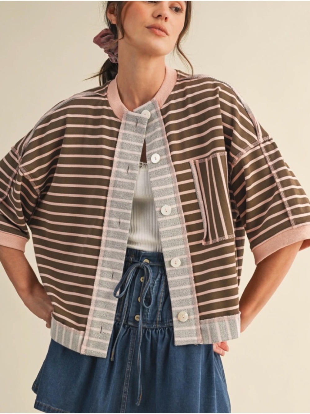 Striped Boxy Button-Down Top in Brown and White